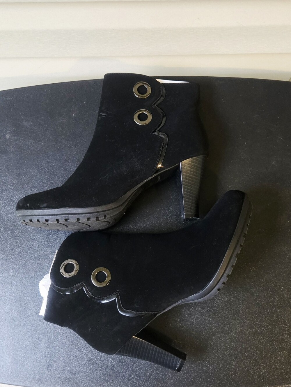Black Suede Heel Ankle Boots with Grommet Detail